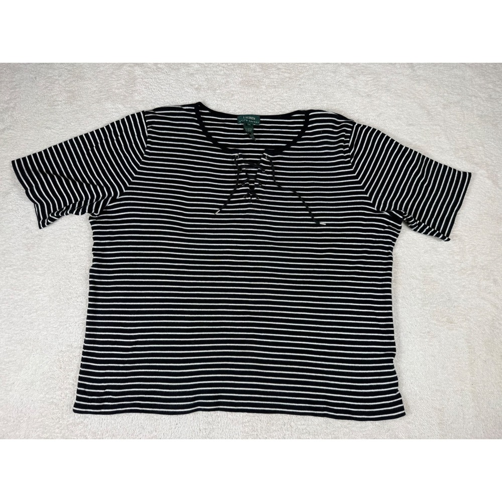 Lauren Ralph Lauren Top Womens 3X Black Striped Excellent Lace Up Ribbed Knit